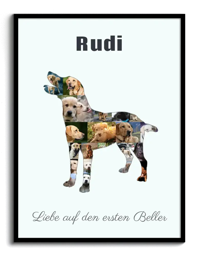 Fotocollage als stehender Labrador mit Namen und Wunschtext im schwarzen Rahmen, Geschenk für Hundefreunde