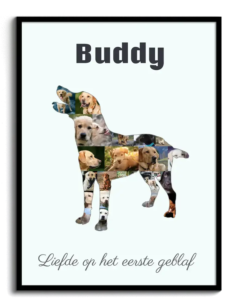 Fotocollage in de vorm van een staande labrador met naam en eigen tekst, in zwarte lijst, cadeau voor hondenliefhebbers