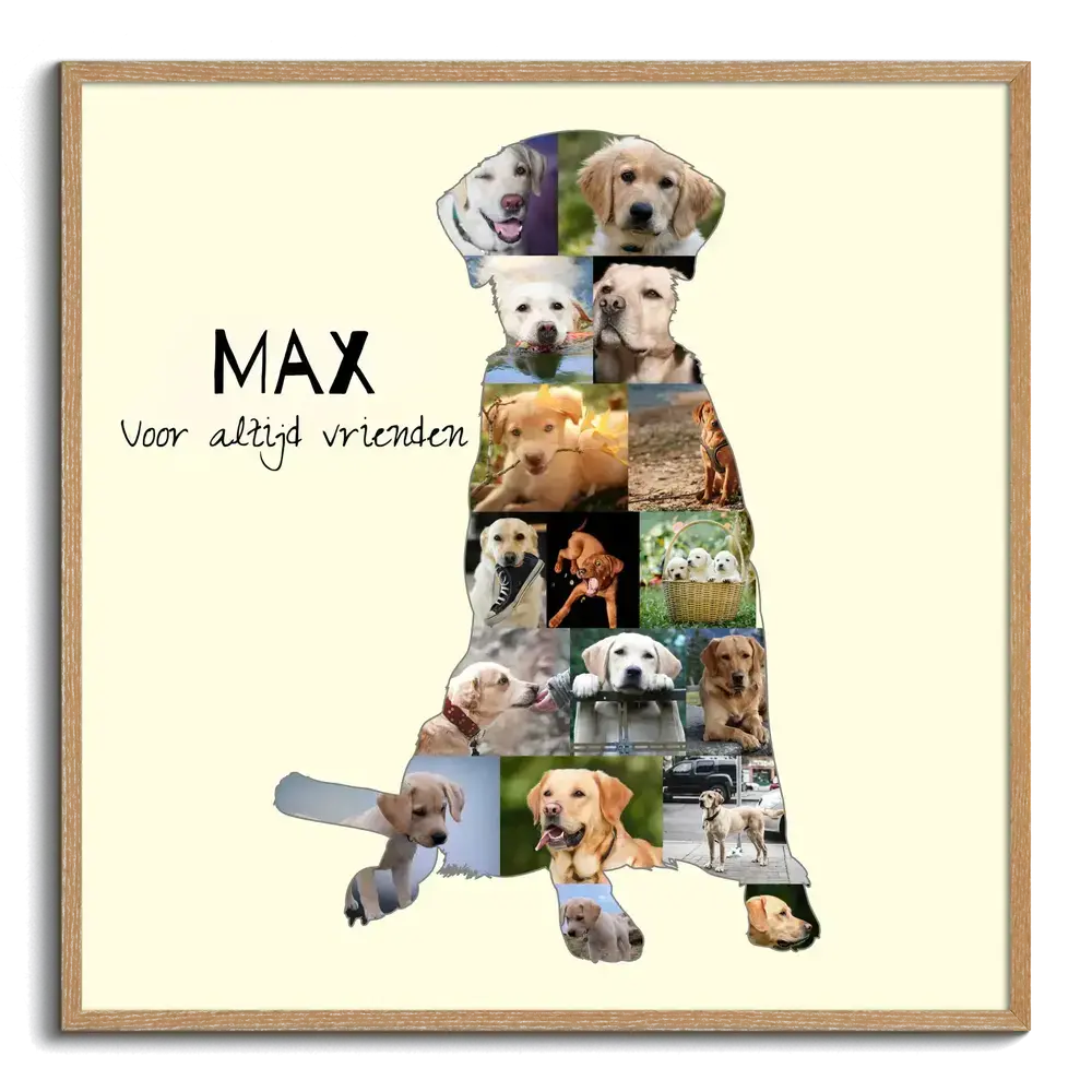 Fotocollage in de vorm van een zittende labrador met naam en eigen tekst, op lichtgele achtergrond in houten lijst