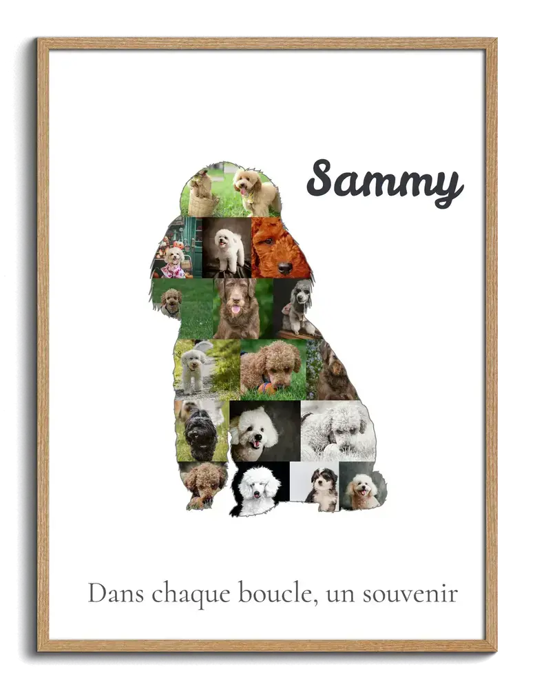 Collage photo en silhouette de caniche assis, avec prénom et message sur fond blanc, dans un cadre en bois naturel