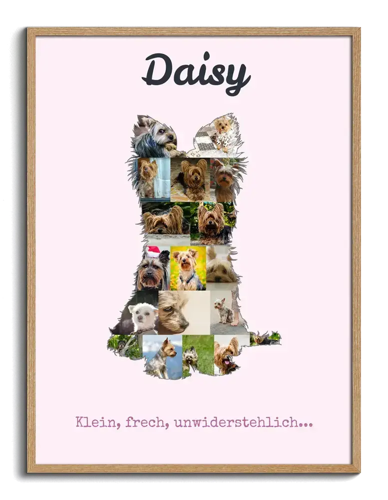 Fotocollage als sitzender Yorkshire Terrier auf Rosa, mit Namen und Spruch im Naturholzrahmen
