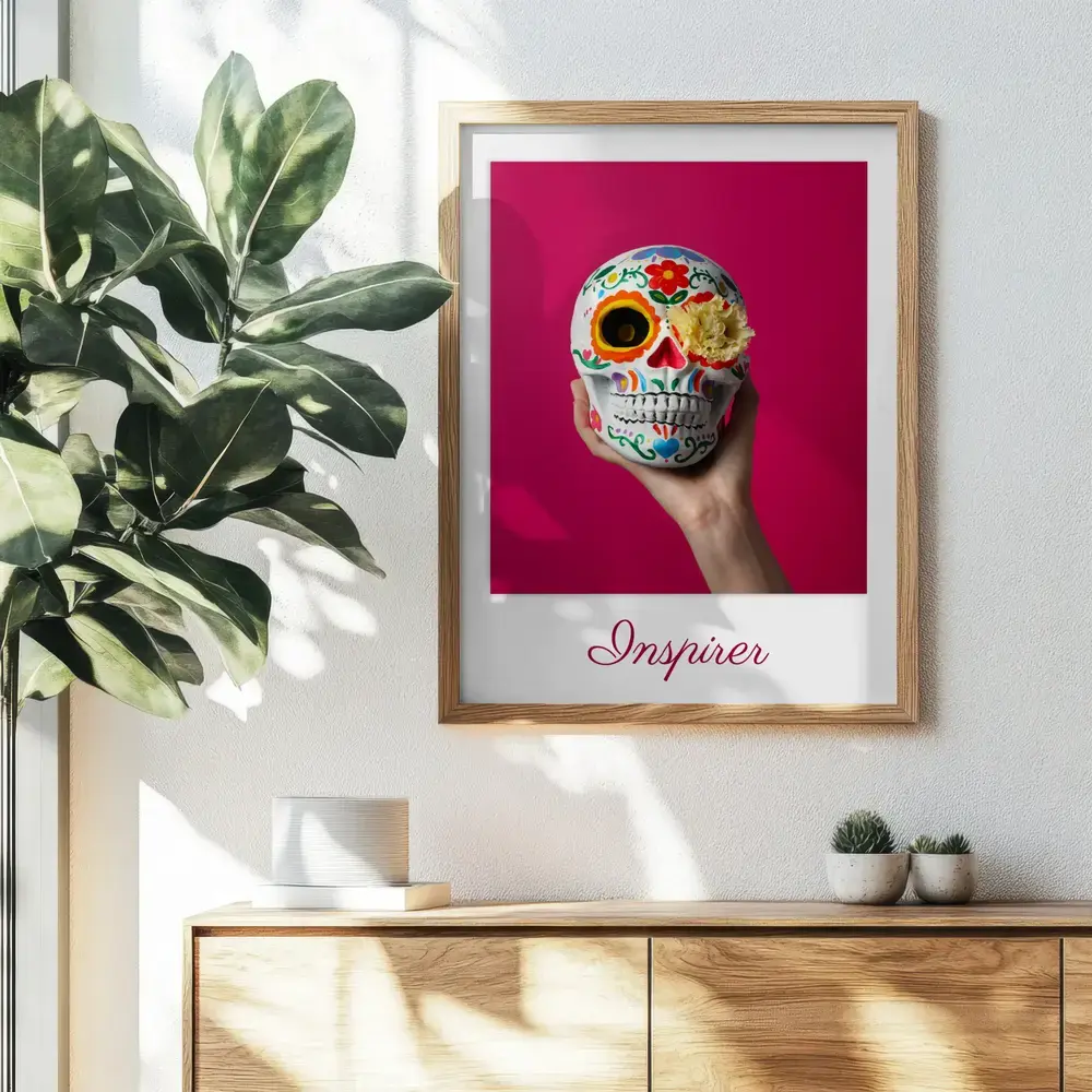 Affiche personnalisée avec crâne multicolore sur fond rose et texte, encadrée en bois naturel au-dessus d’un buffet