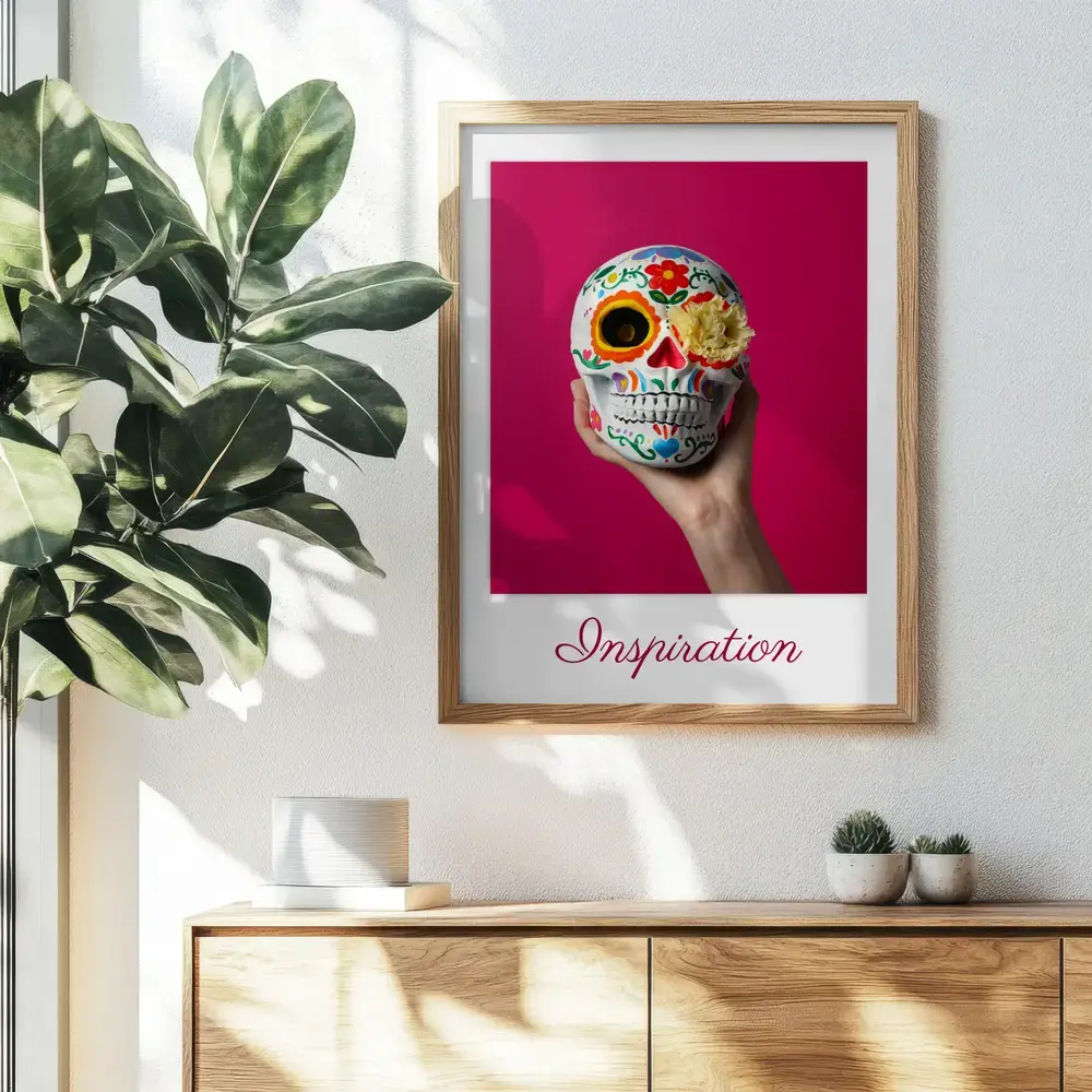 Fotoposter mit buntem Totenkopf auf pinkem Grund und Wunschtext, im Naturholzrahmen über einer Kommode