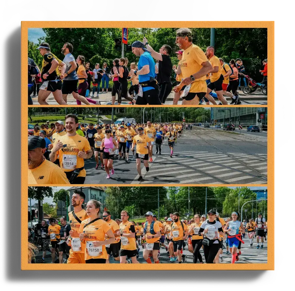 Collage photo de course d’entreprise sur toile, trois panoramas bordés d’orange, en cadeau pour l’équipe