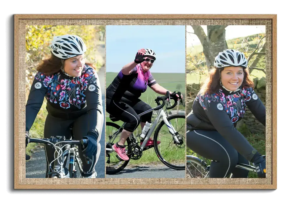 Rennrad-Fotocollage im Querformat mit drei Hochkantfotos einer Radfahrerin nebeneinander, im Naturholzrahmen