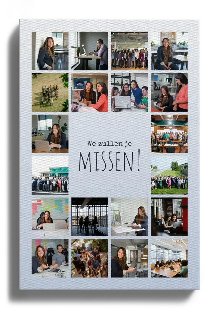 Staande fotocollage op canvas met foto's van collega's rond een centrale afscheidstekst op lichtblauw