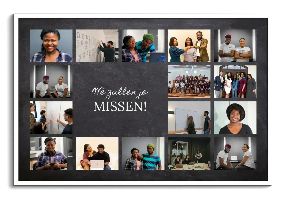 Fotocollage in witte lijst met teamfoto’s en afscheidstekst op krijtbordachtergrond, als afscheidscadeau voor een collega