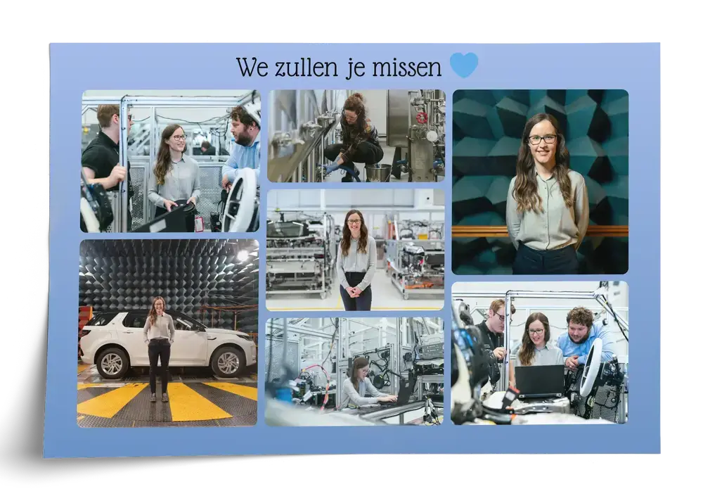 Afscheidscollage als poster met teamfoto’s op een lichtblauwe achtergrond, met afscheidstekst en blauw hartje