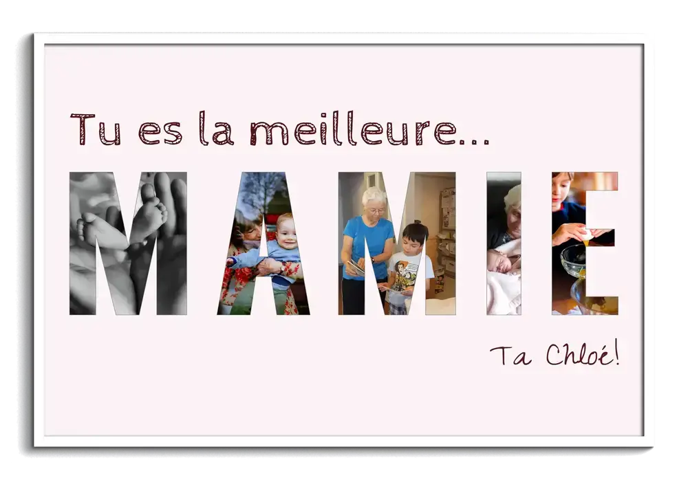 Pêle-mêle photo en lettres pour mamie sur fond rose pâle, encadré en blanc, une idée cadeau pleine de souvenirs