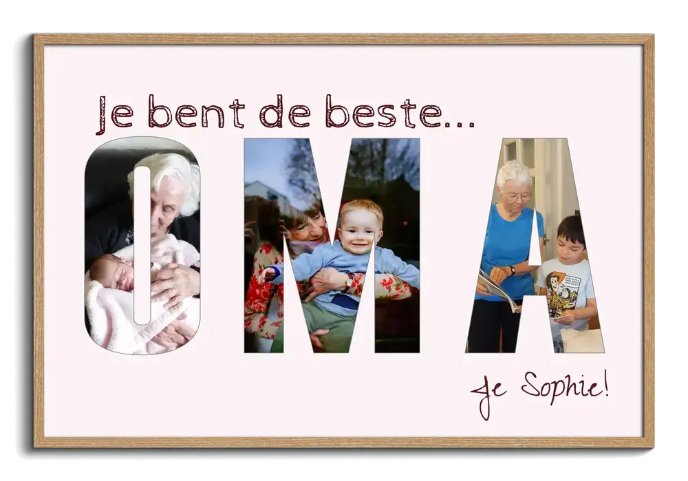 Fotocollage in oma-letters met familiefoto’s en persoonlijke tekst, op lichtroze achtergrond in een houten lijst