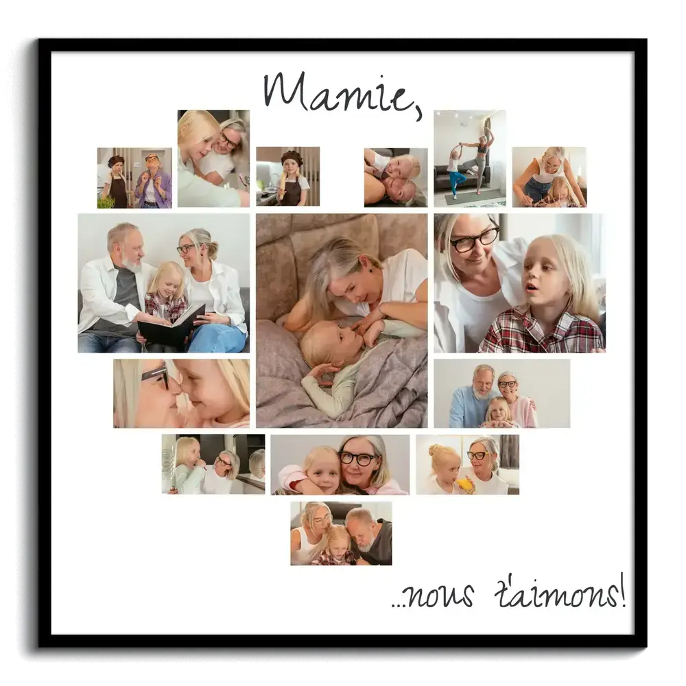 Pêle-mêle photo en cœur sur fond blanc dans un cadre noir, une idée cadeau pleine de tendresse pour mamie