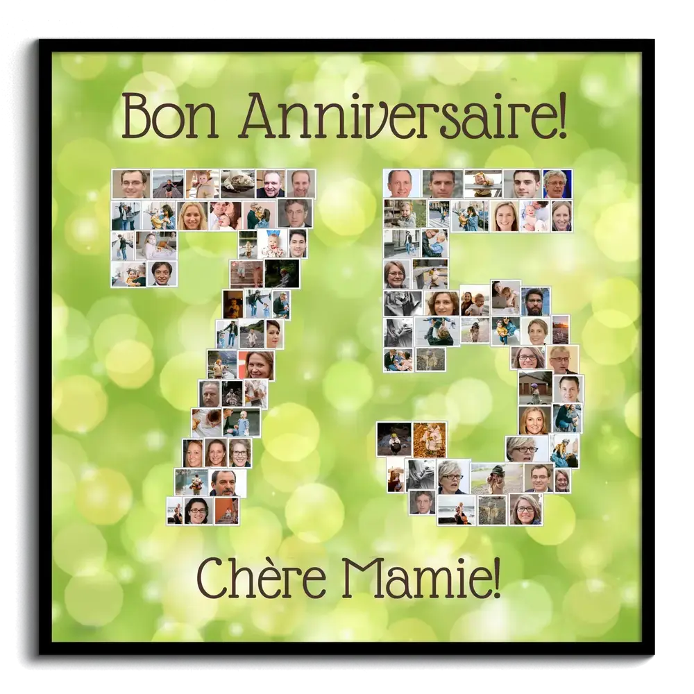 Pêle-mêle photo en forme de 75 sur fond vert lumineux, dans un cadre noir, avec un message d’anniversaire pour mamie