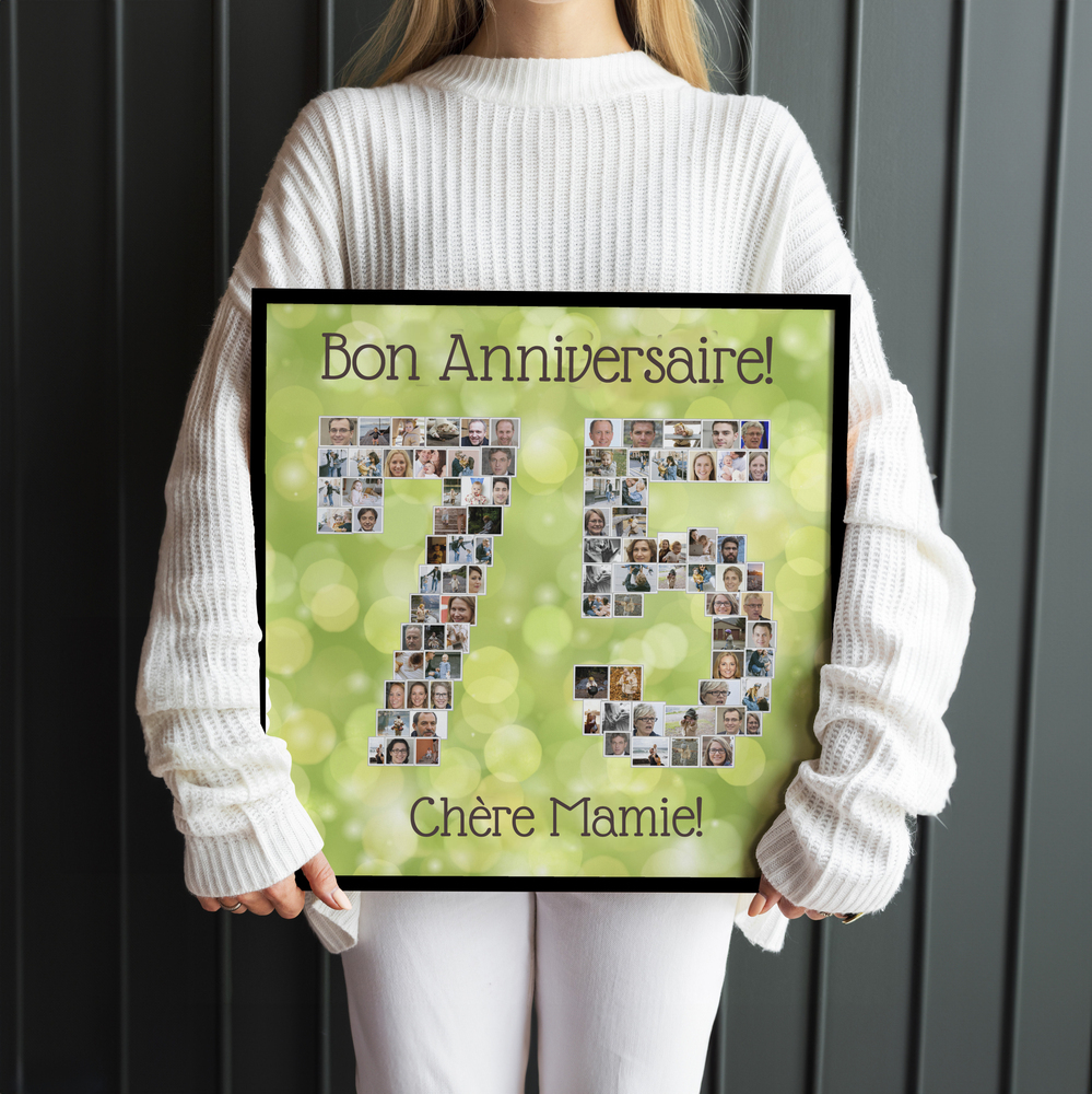 Pêle-mêle photo 75 sur fond vert, encadré en noir devant un mur sombre, cadeau personnalisé pour les 75 ans de mamie