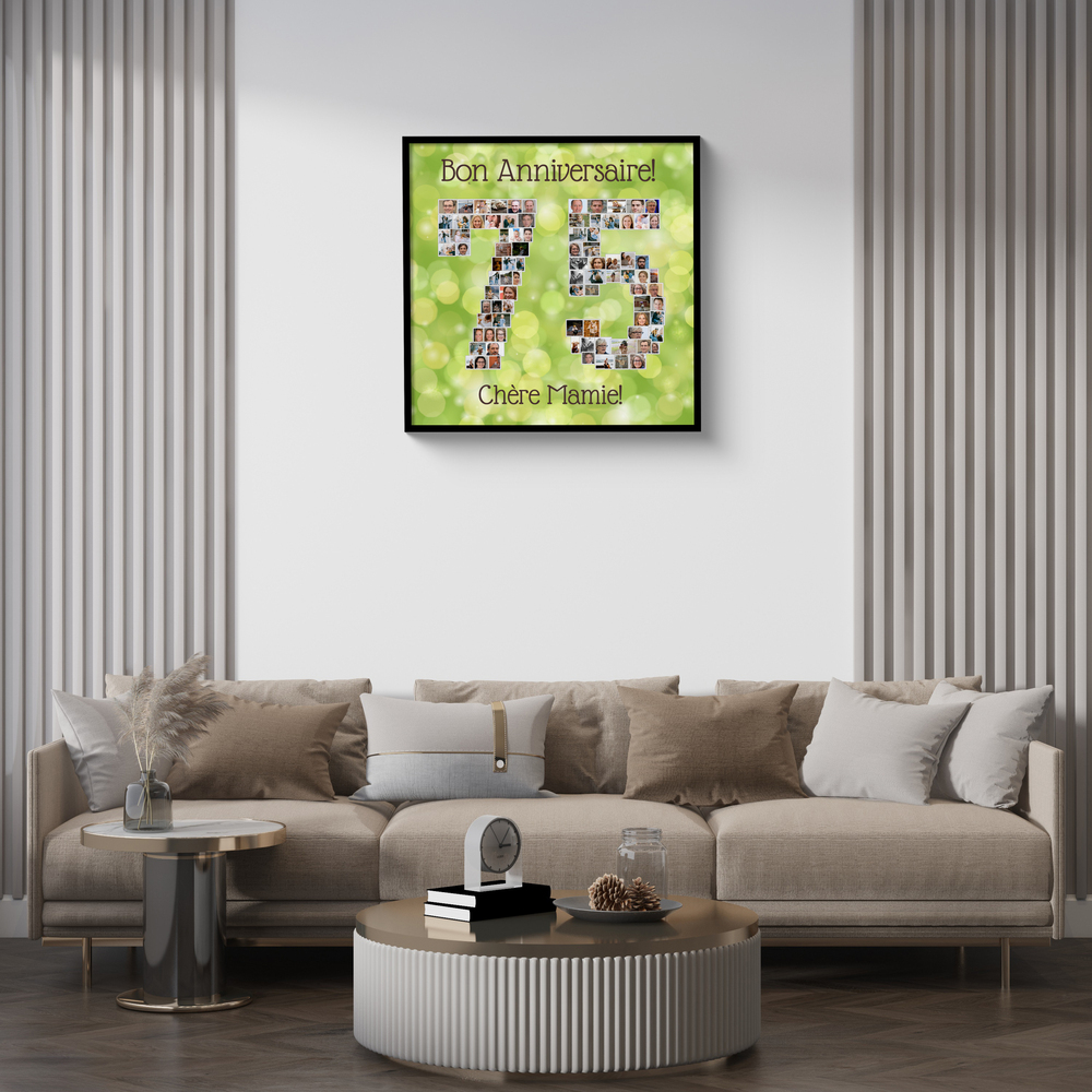Tableau photo en forme de 75 sur fond vert, encadré en noir au-dessus d’un canapé beige dans un salon moderne