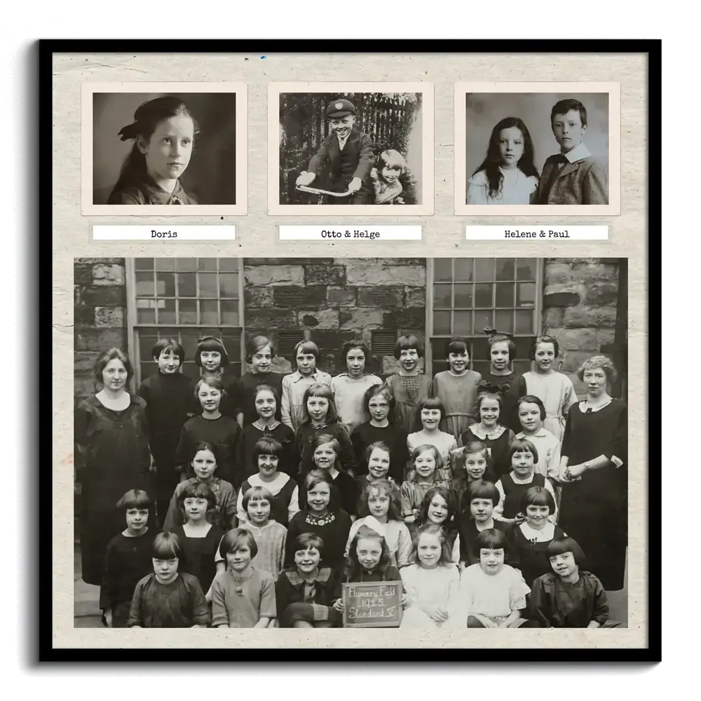 Retro fotoposter in zwarte lijst met een grote zwart-witklassenfoto en drie polaroidfoto’s met namen