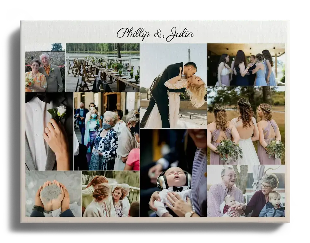 Bruiloftscollage op canvas met 11 foto’s en de namen van het bruidspaar, tegen een zwarte achtergrond