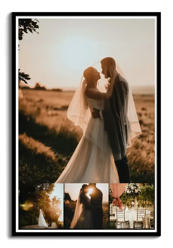 Fotocollage als huwelijkscadeau in een zwarte lijst, met één grote trouwfoto en drie kleine foto's