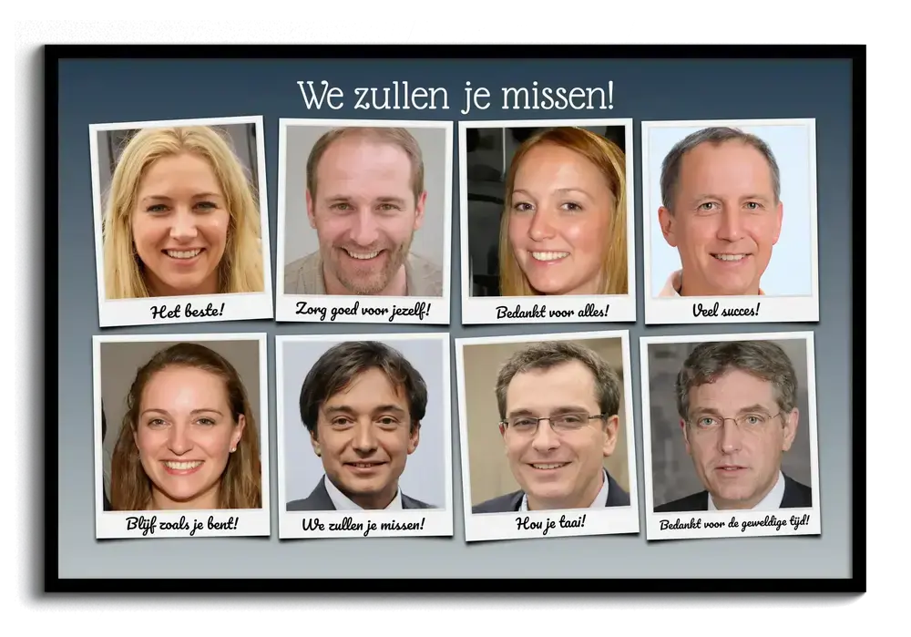 Fotocollage in zwarte lijst met acht foto's in polaroidstijl en persoonlijke afscheidsteksten op blauwgrijs.