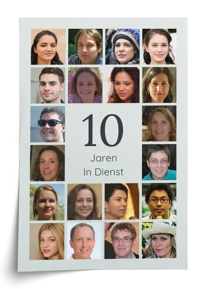 Fotocollage als poster zonder lijst, met collega’s in een raster rond een grote 10 voor een 10-jarig dienstjubileum