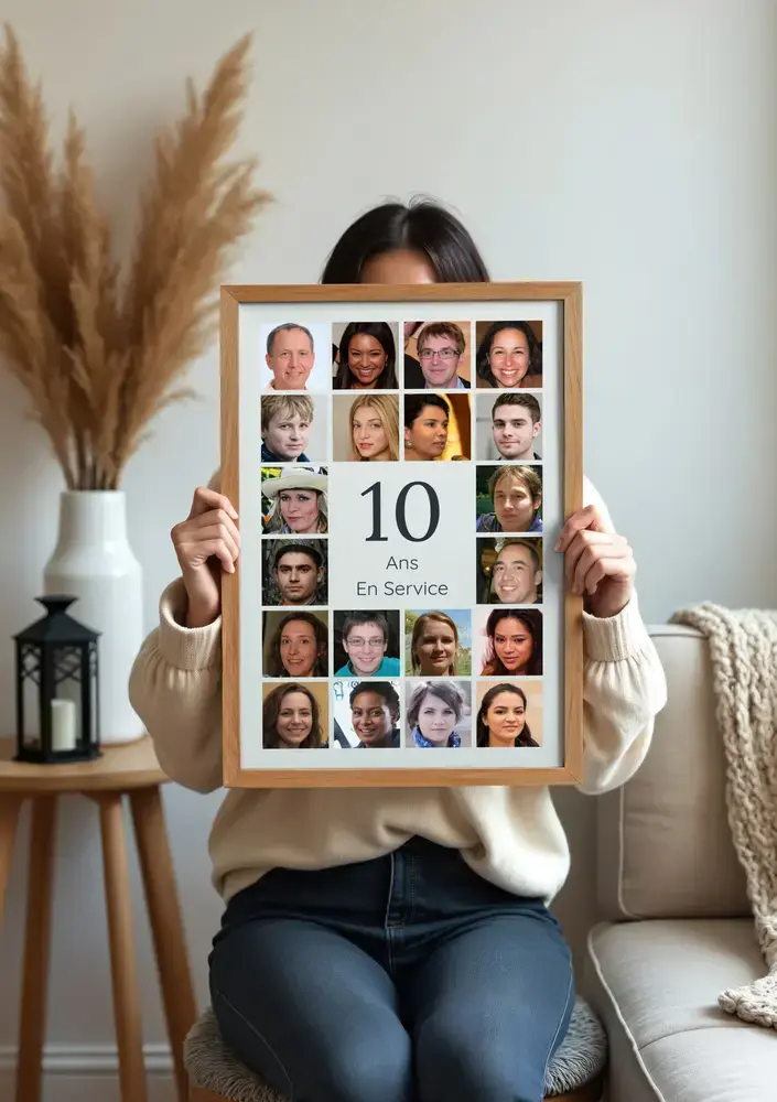 Collage photo avec portraits et grand 10, encadré en bois dans un salon, cadeau pour 10 ans de carrière