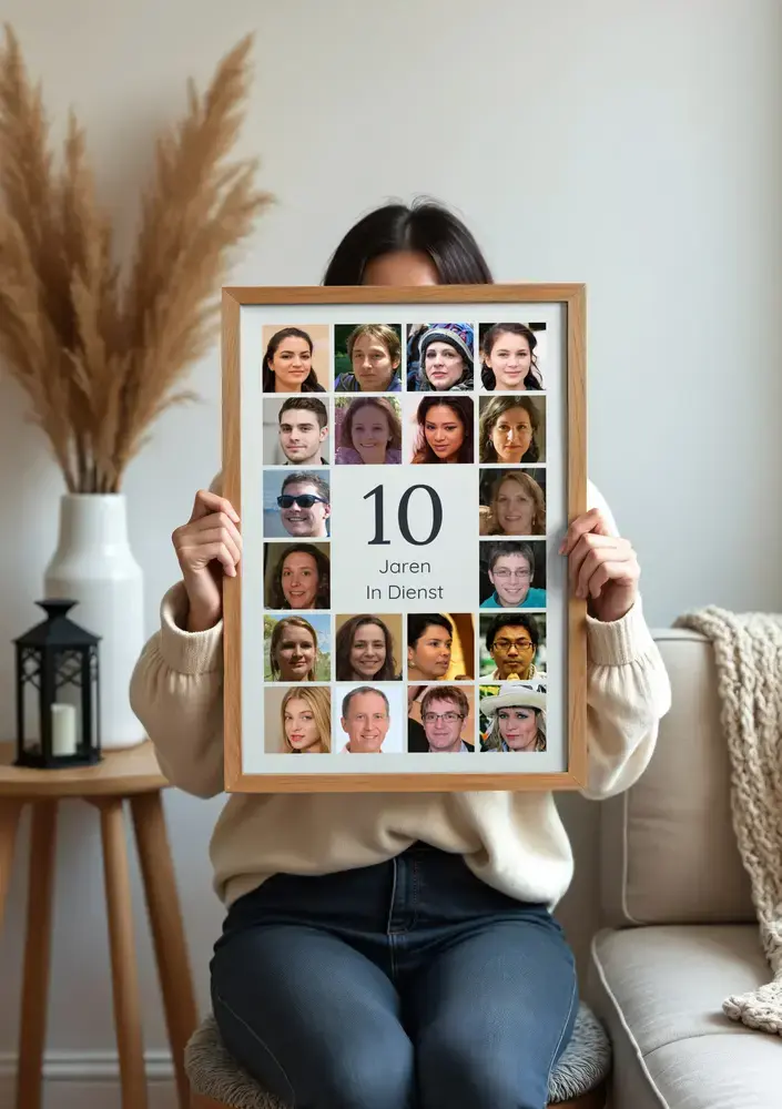 Fotocollage in houten lijst met portretten rond het getal 10 voor een 10-jarig dienstjubileum, in de woonkamer