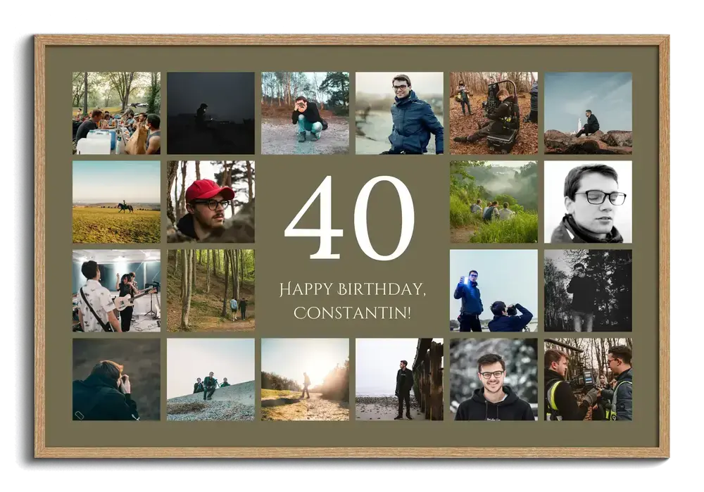 Fotocollage voor een 40e verjaardag in houten lijst, met buitenfoto’s rond een grote 40 op een olijfgroene achtergrond