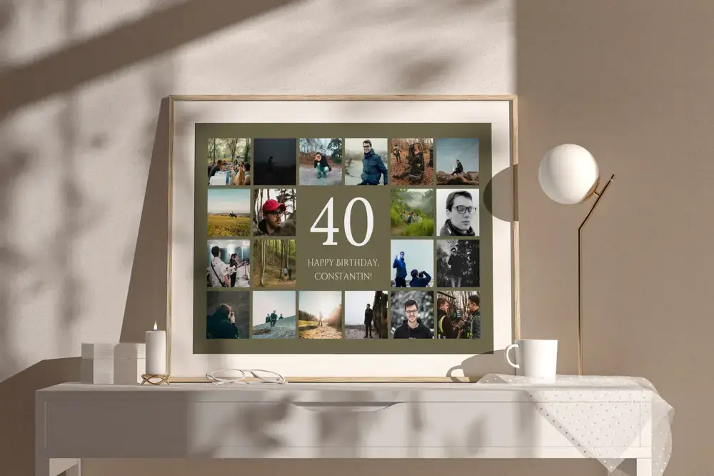 Fotocollage in lijst met een grote 40 en buitenfoto’s op olijfgroen, op een wit dressoir naast een lamp