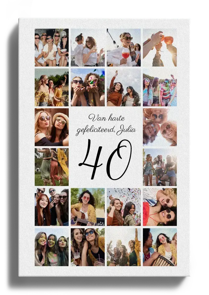 Fotocollage op canvas met vriendinnen rond het getal 40 op wit, als cadeau voor een 40e verjaardag