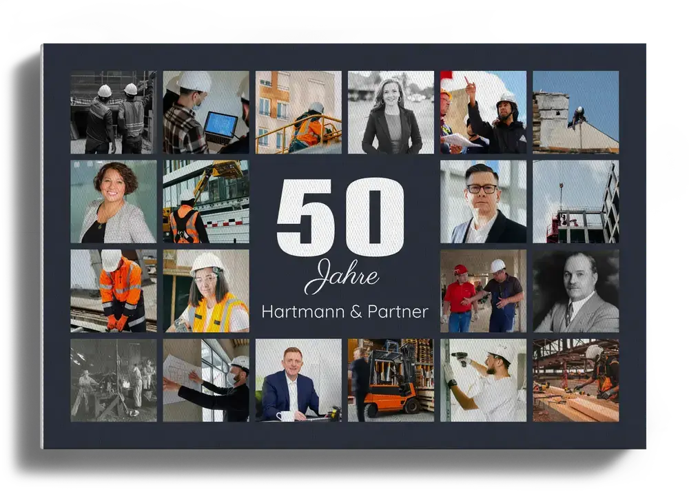 Fotocollage auf dunkelgrauer Leinwand mit großer 50 und Firmenfotos als Geschenk zum Firmenjubiläum