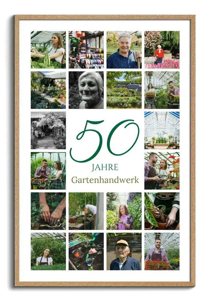Fotocollage mit grüner 50 und Gartenfotos im Holzrahmen als Geschenk zum Firmenjubiläum