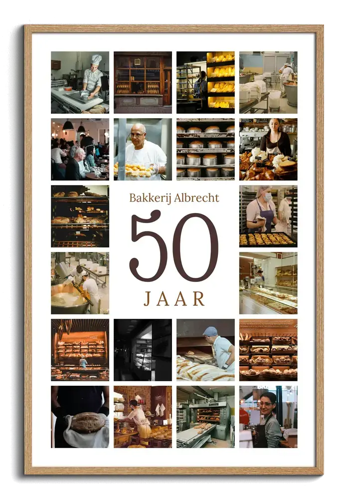 Fotocollage in houten lijst met bakkerijfoto’s rond een grote 50 en bedrijfsnaam voor een bedrijfsjubileum