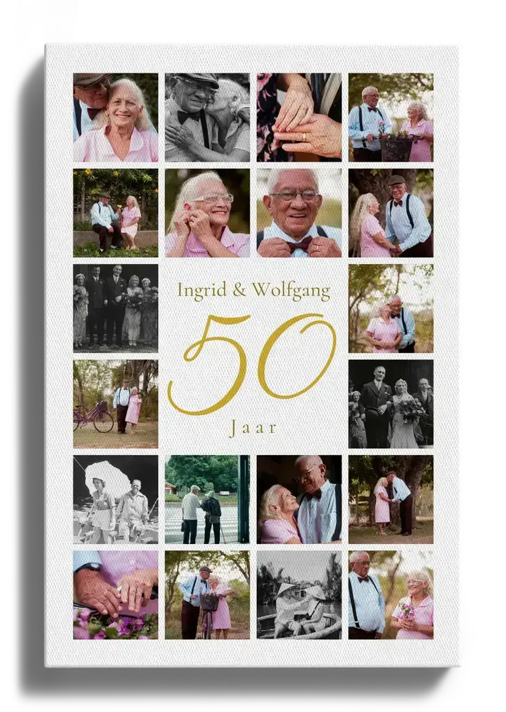 Staande fotocollage op canvas voor een 50-jarig huwelijk, met gouden 50 en namen omringd door trouwfoto’s en koppelfoto’s