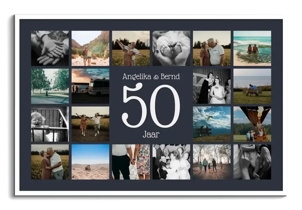 Fotocollage voor een 50-jarig huwelijk met namen en foto's rond een grote 50, op donkergrijs in een witte lijst