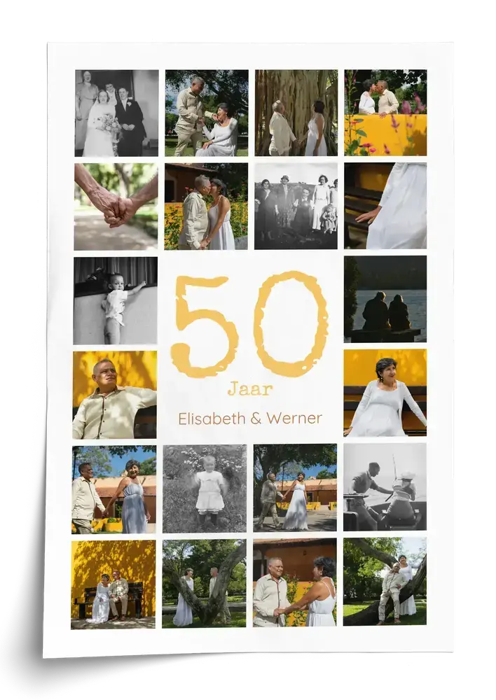 Staande fotocollageposter met gouden 50, namen en trouwfoto’s als persoonlijk cadeau voor een gouden huwelijk