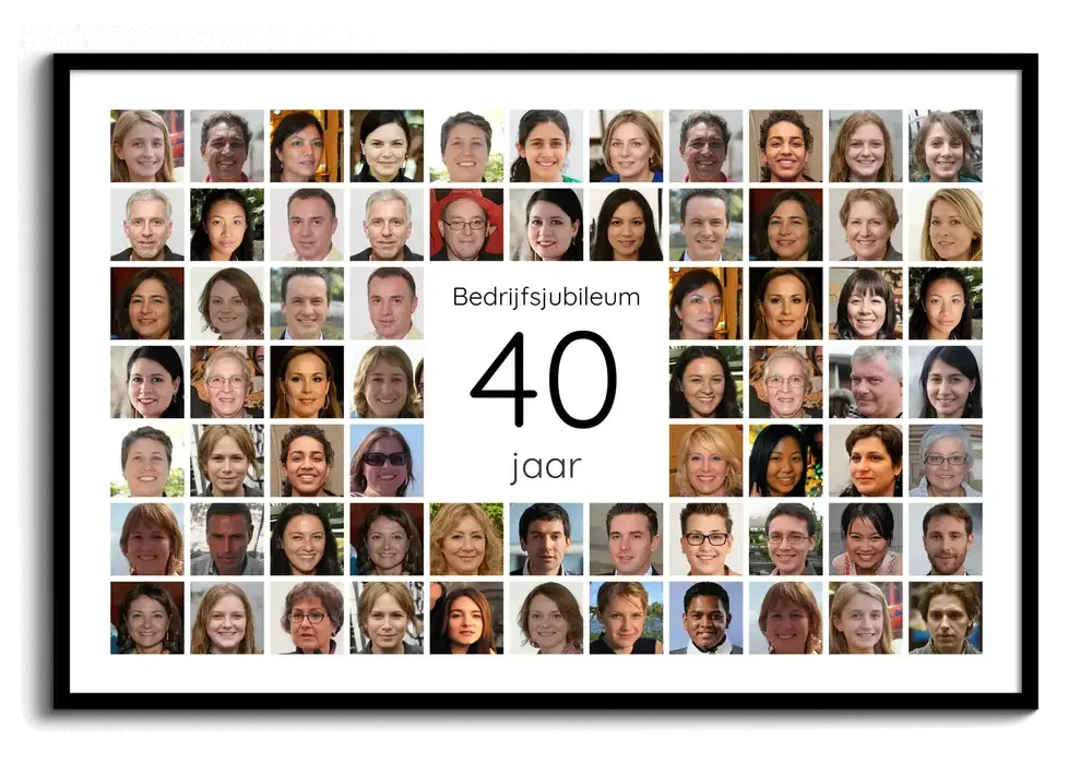 Fotocollage met portretten rond het getal 40 in een zwarte lijst, cadeau voor een 40-jarig bedrijfsjubileum