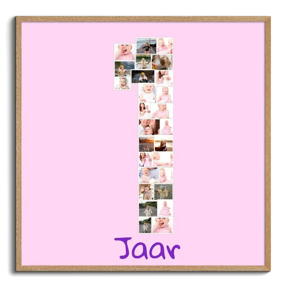 Fotocollage van het eerste babyjaar met foto’s in de vorm van een 1, op een roze achtergrond in een houten lijst