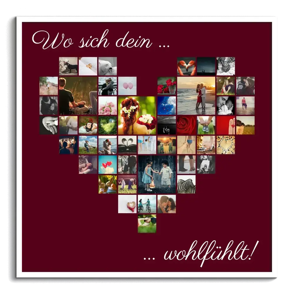 Herz-Fotocollage aus über 50 Fotos mit Spruch auf bordeauxrotem Hintergrund, im weißen Rahmen
