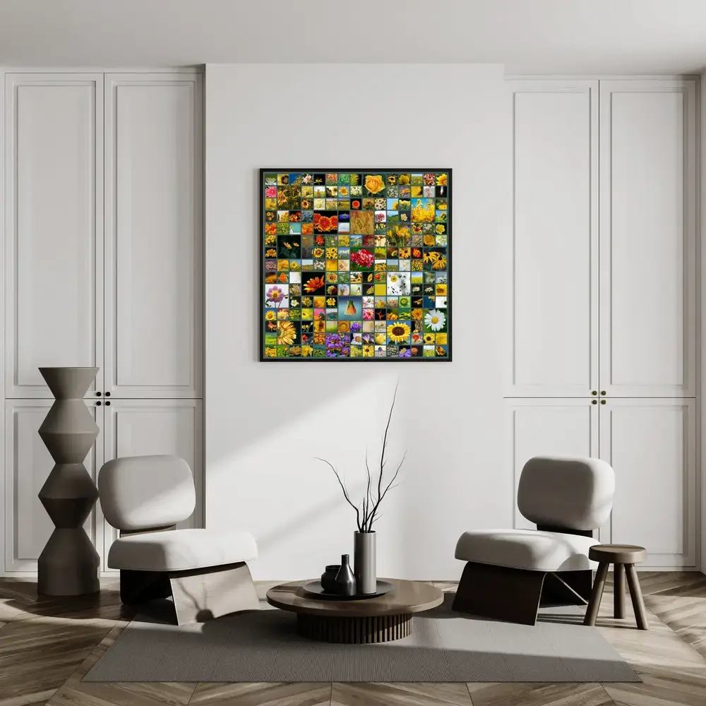 Vierkante fotocollage met veel bloemenfoto’s in een zwarte lijst, aan de woonkamermuur boven twee fauteuils