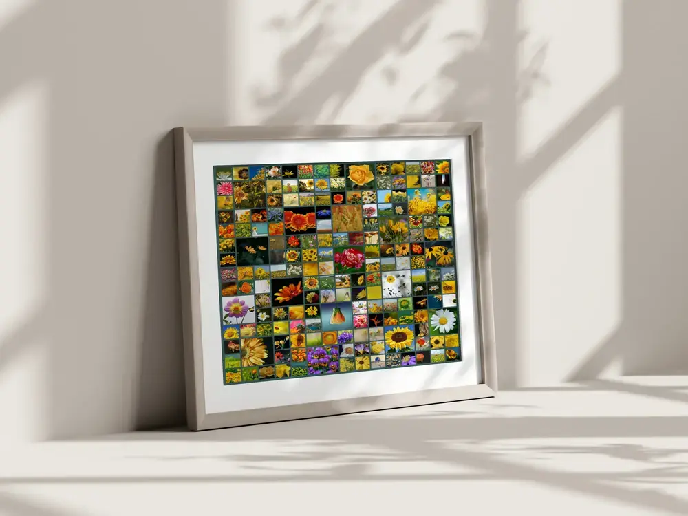 Vierkante bloemencollage met wit passe-partout in een lichte lijst, op de vloer tegen een zonbeschenen muur