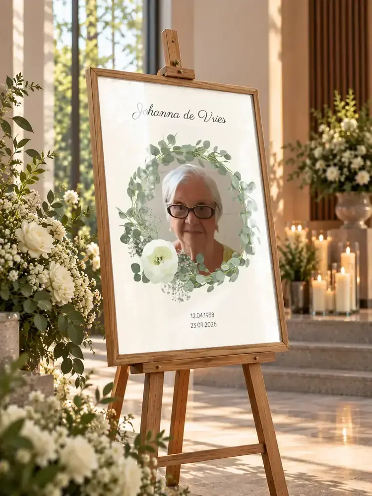 Herdenkingsportret met eucalyptuskrans in een houten lijst, op een ezel in een kapel met bloemen en kaarsen