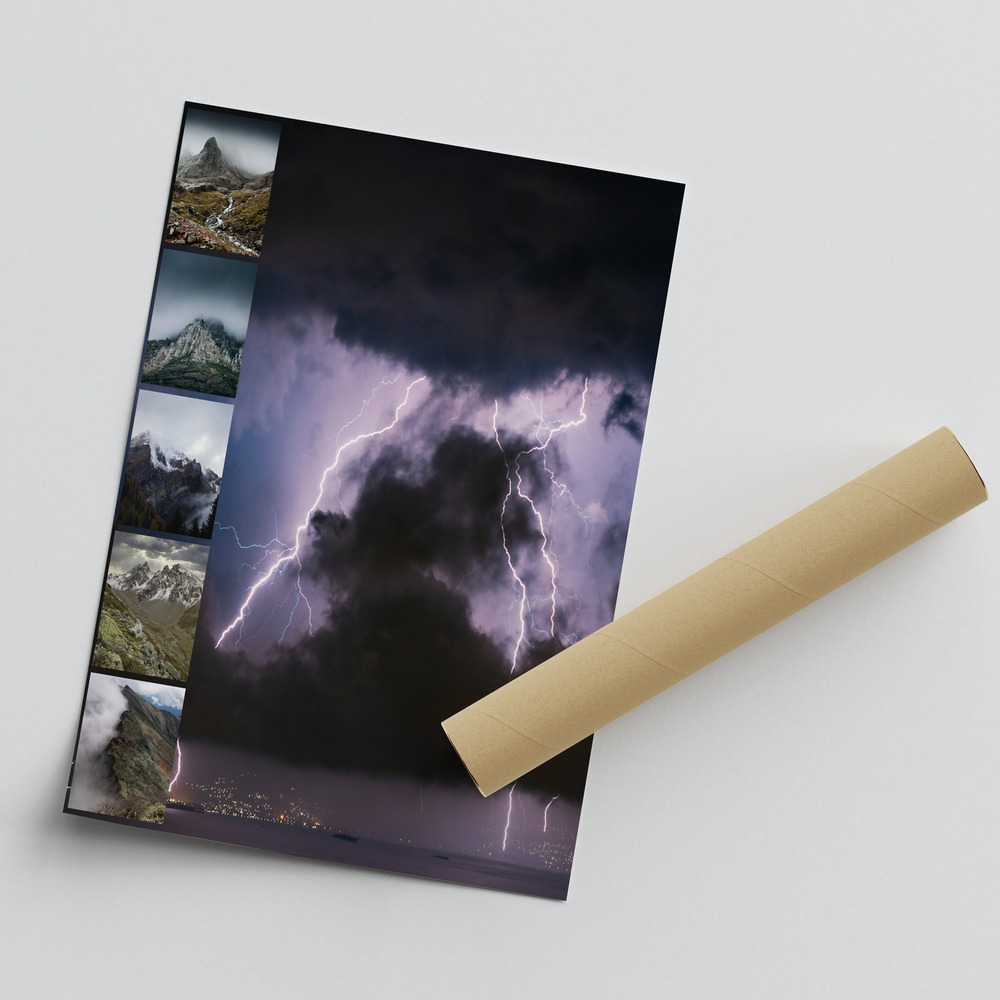Deels opgerolde fotocollageposter met een grote bliksemfoto en kleine foto's van mistige bergen links