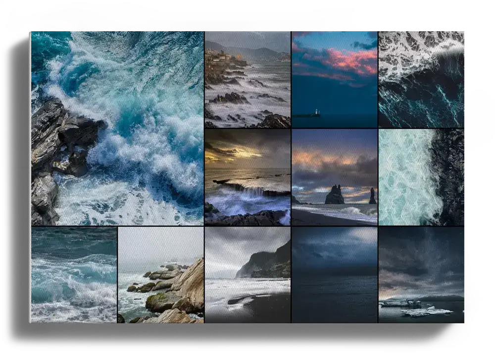 Fotocollage op liggend canvas met een stormachtige zee, turquoise golven en rotsachtige kusten