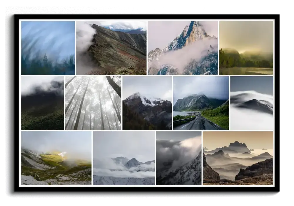 Fotocollage met mistige bergen, bos en bergweg in een zwarte lijst, wanddecoratie voor natuurliefhebbers