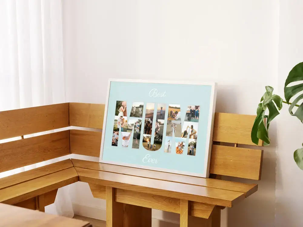 Weiß gerahmte Buchstaben-Fotocollage auf einer Holzeckbank als Geschenkidee zum Muttertag