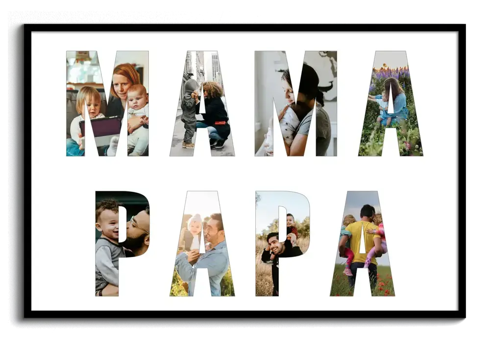 Fotocollage mit zweizeiligen Fotobuchstaben auf Weiß im schwarzen Rahmen, als persönliches Geschenk für Eltern