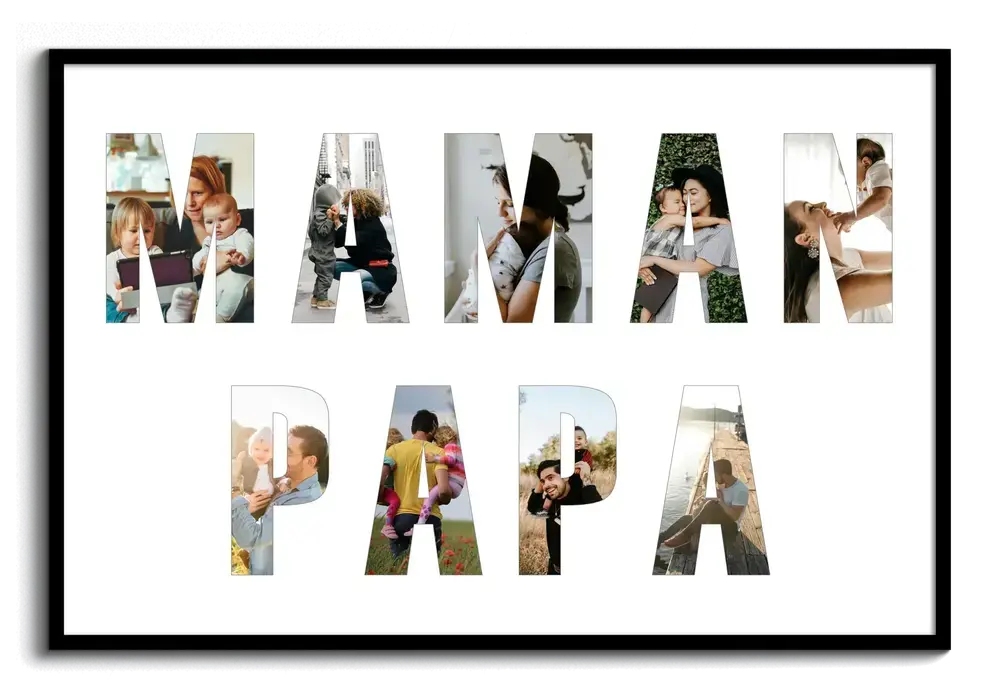 Cadeau pour les parents : collage photo en lettres sur deux lignes, sur fond blanc dans un cadre noir