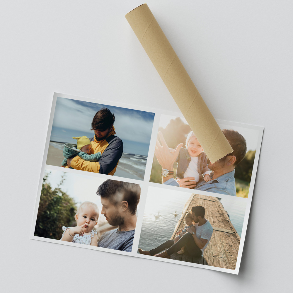 Poster de collage photo pour papa, partiellement roulé, avec quatre grandes photos père-enfant séparées de blanc