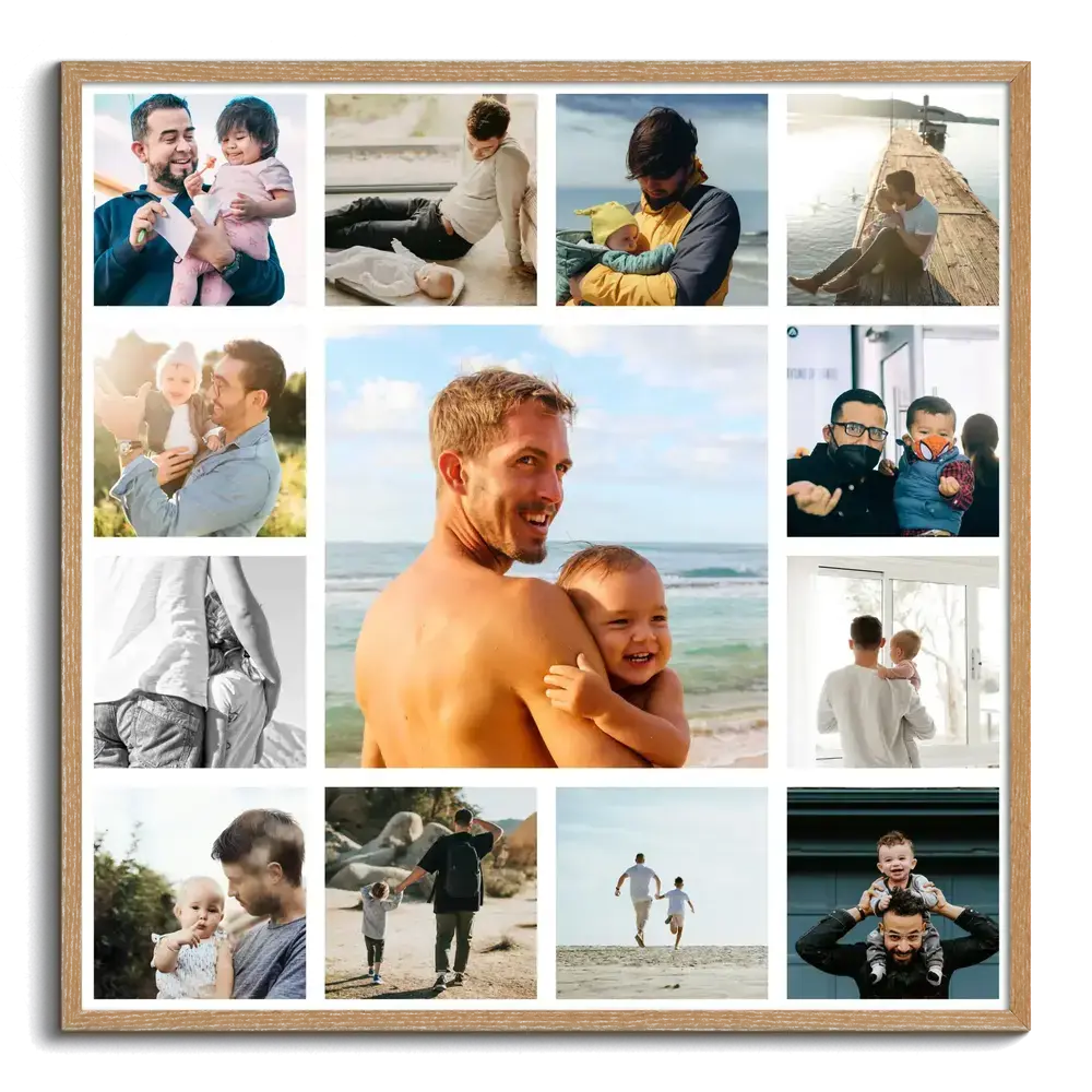 Fotocollage für Papa im Naturholzrahmen mit großem Vater-Kind-Foto am Strand, umgeben von kleinen Bildern