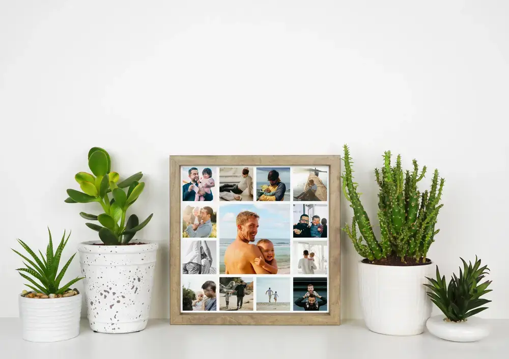 Collage photo encadré avec une grande photo de papa et son enfant au centre, entre des plantes, un cadeau pour papa