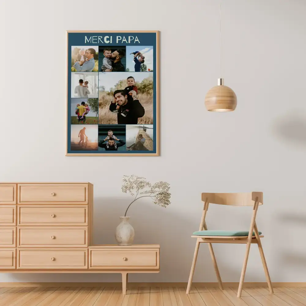 Collage photo sur fond bleu, encadré au mur du salon, avec papa et ses enfants, cadeau pour la fête des Pères